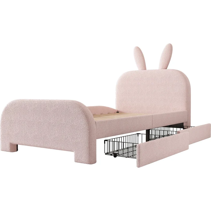Kinderbett 90x200 Rosa mit Kaninchen-Kopfteil und 2 Schubladen,Gepolstertes Bett aus Lammwolle und MDF, Cartoon Bunny Design – Bild 7