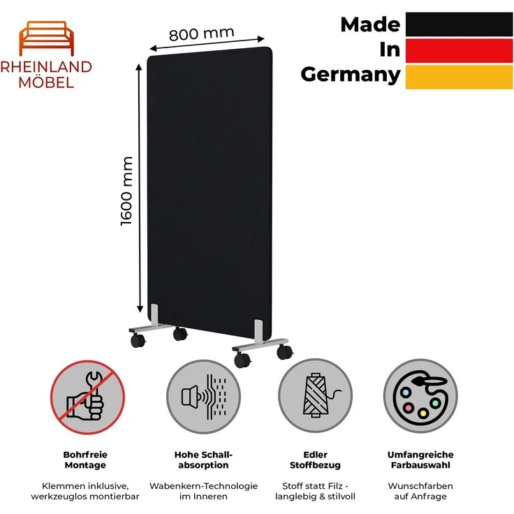 Rheinland Möbel FocusWall STWR0816 – Akustik-Stellwand 800×1600 mm in Stofffarbe Sombrero inkl. Rollen – Mobile Schreibtisch-Trennwand für Büro & Homeoffice – Schallschutz – Made in Germany – Bild 2