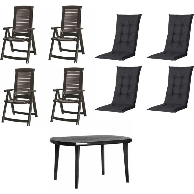 SET Aruba 4 x Klappsessel graphit, 1 x Tisch graphit, 4 x Auflage black
