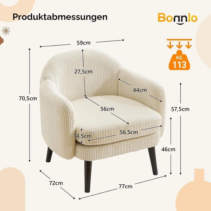 Sessel Cocktailsessel Loungesessel Wohnzimmer Cord-stoff Beige – Bild 2