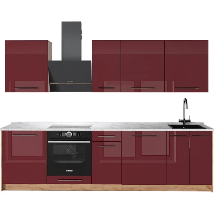 Küchenzeile Fame-Line Bordeaux Hochglanz/Goldkraft Eiche 280 cm, AP Marmor Vicco – Bild 1