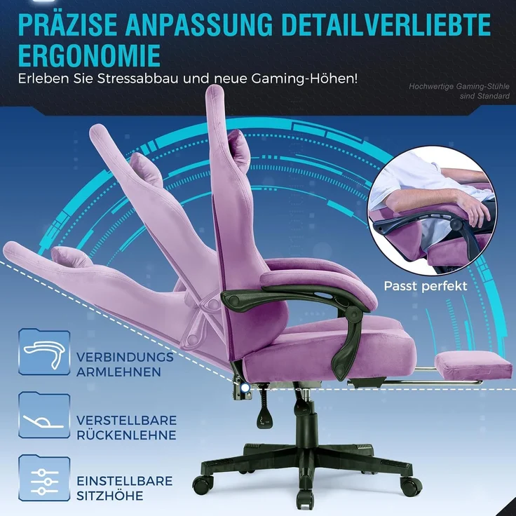 GTPLAYER Gaming Stuhl,Atmungsaktiver Bürostuhl,bürostuhl ergonomisch, Hochwertiger - Stoff,Ergonomischer PC Stuhl,160° Verstellbare Rückenlehne und ausziehbare Fußstütze,Tragkraft 180 kg,Dunkelviolett – Bild 3