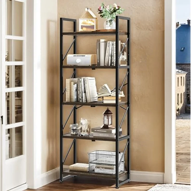 YITAHOME Bücherregal, Standregal mit 5 Ebenen, Hohes Lagerregal mit Metallrahmen, Industrielles Ausstellungsregal, Regaleinheiten, für Wohnzimmer, Schlafzimmer, Homeoffice, Küche, Grau Regal – Bild 6