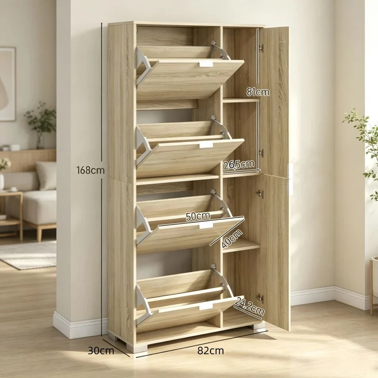 Schuhschrank mit 4 Klapptüren, 2 Schränken und Spiegelfronten für 16 Paar Schuhe, Eingangsmöbel--Eiche--82x30x168cm--YOUDENOVA – Bild 3