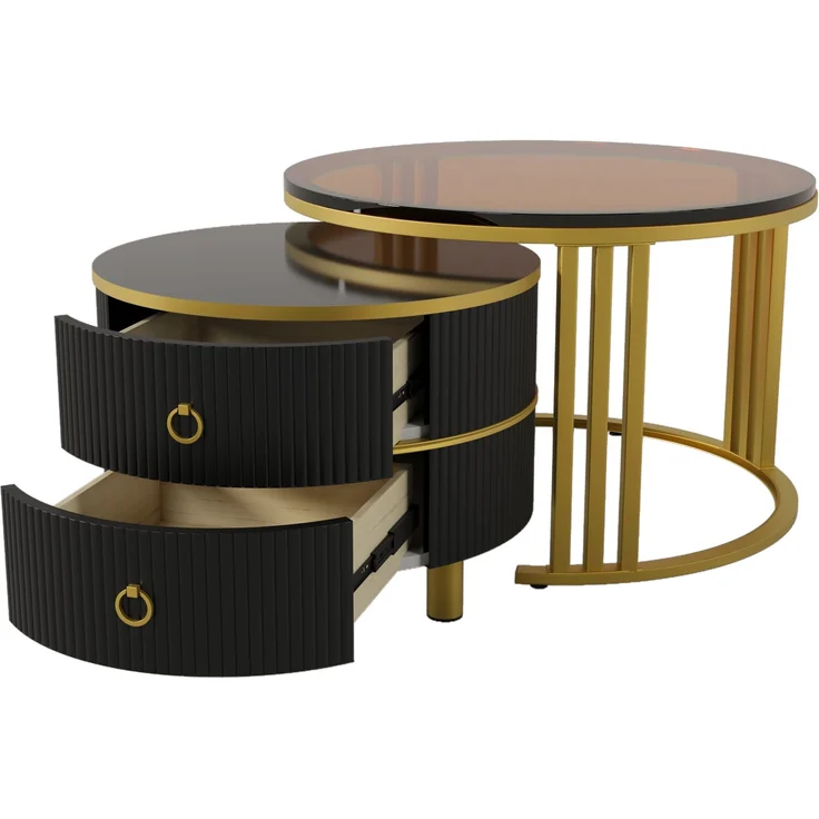 Couchtisch 2-teilig Set mit brauner Glasplatte Hochglanz, Schubladen, Gold Metallbeine,Gold und Schwarz – Bild 7