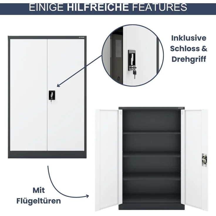 Aktenschrank abschließbar KADO - 4 Ebenen verstellbar, Flügeltüren | Metallschrank Werkstatt Mehrzweckschrank Büroschrank aus Stahl Werkzeugschrank, 140x90x40cm Anthrazit-Weiß – Bild 5