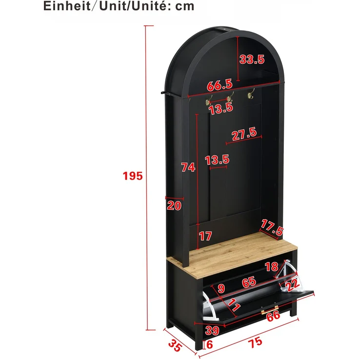 Multifunktionaler Garderobenschrank mit Schuhregal, Ablage & Haken – Hall Tree für Eingangsbereich, langlebiger MDF Korpus, modernes Design, stabile Eisenfüße, praktische Aufbewahrung – Bild 8