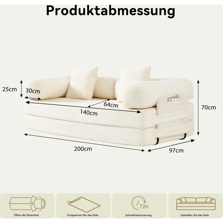 Aoxun Kordstoff Schlafsofa 200×97×70cm, 5-in-1 Umwandelbares Bodensofa, Hochdichter Schaumstoff, Haustierfreundlich, Keine Montage, Weiß – Bild 2