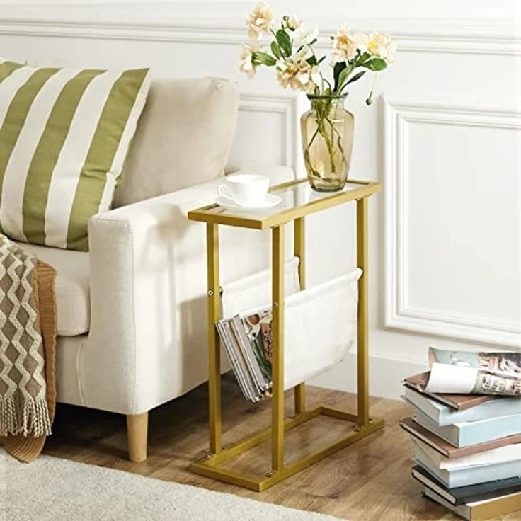 HOOBRO Beistelltisch, Schmaler Betttisch, Schmaler Couchtisch aus gehärtetem Glas, Kompakter Tisch mit Zeitungsständer, Sofatisch für Wohnzimmer, Schlafzimmer, Goldfarben EGD78BZ01 – Bild 4