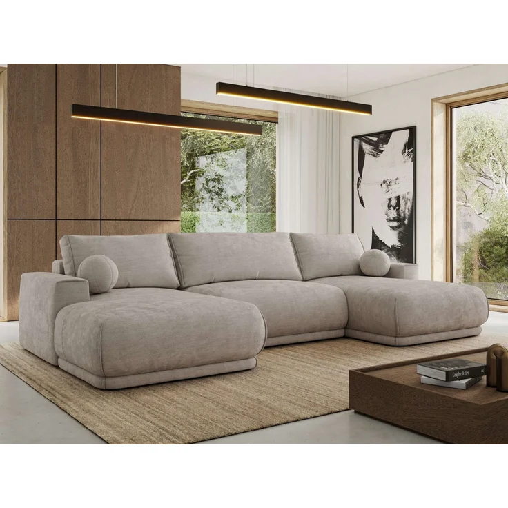 XXL Wohnlandschaft RINA U-Form 360 cm breit, Sofa mit Schlaffunktion & DL-Mechanismus, Wellenfederung, modern freistehend - Hellgrau Schenille glatt – Bild 1