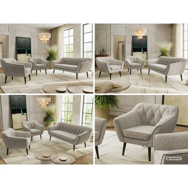 Wohnzimmerset PIRS 1-1-3, Skandinavisches 3-Sitzer Sofa mit Sesseln, Sofa mit Wellenfederung, schwarze Füße, Skandinavisches Möbelset - Beige Stukture – Bild 2