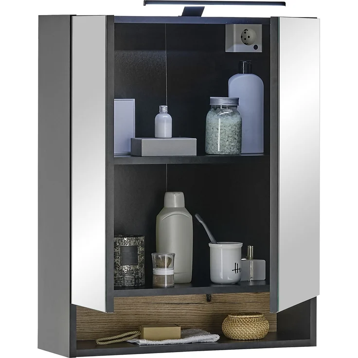 Badezimmerspiegelschrank >Denver< LED, Steckdose, schwarz matt / evoke Eiche Dekor - 60x75x22cm (BxHxT) – Bild 2