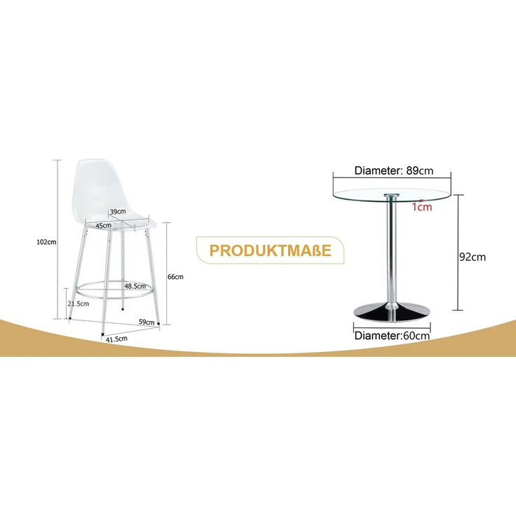Flexibles Bar-Set: 89 cm Glastisch + 2 transparente Barhocker – speziell für europäische offene Küchen konzipiert. Silbern-metallenes Gestell mit bequemer Fußstütze, Flexibles Bar-Set: 89 cm Glastisch + 2 transparente Barhocker – speziell für europäisc... – Bild 3