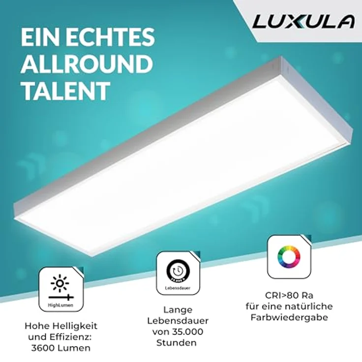 LUXULA LED Deckenleuchte lang 120cm - 36W, 4000K Neutralweiß, 3600lm – LED Panel 120x30cm inkl. 230V Netzteil – Flache LED Deckenlampe für Wohnzimmer, Schlafzimmer, Küche, Büro - 120x30x6,4cm – Bild 2