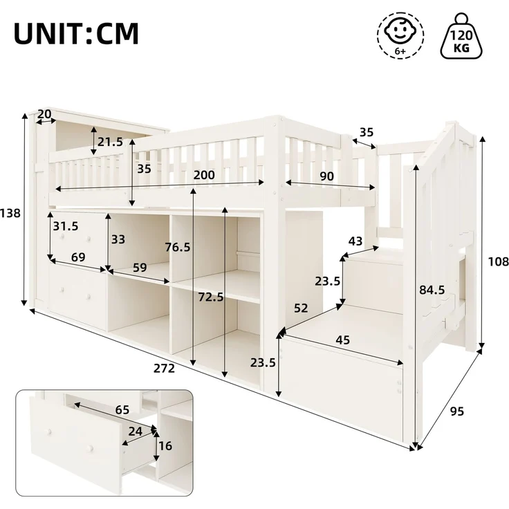 Halbhohes Bett, 90 x 200 cm, mit Schubladen, Staufächern, Leiterschrank, LED-Beleuchtung, Matratze nicht inbegriffen, Weiß – Bild 5