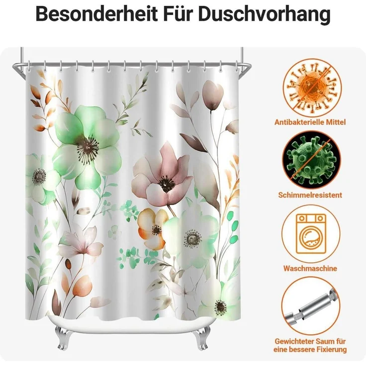 Duschvorhang Blumen Textil Antischimmel Polyester 180x180cm 12 Ösen wasserdicht – Bild 7