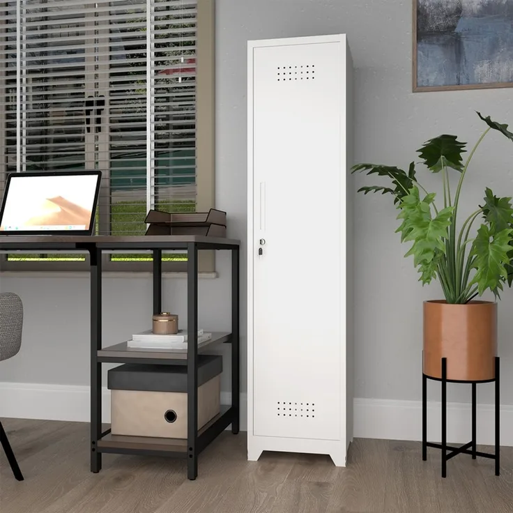 ZUBALIYA 165 cm hoher schmaler Metall-Aktenschrank mit abschließbaren Türen, Regalböden und Kleiderstange, Weiß