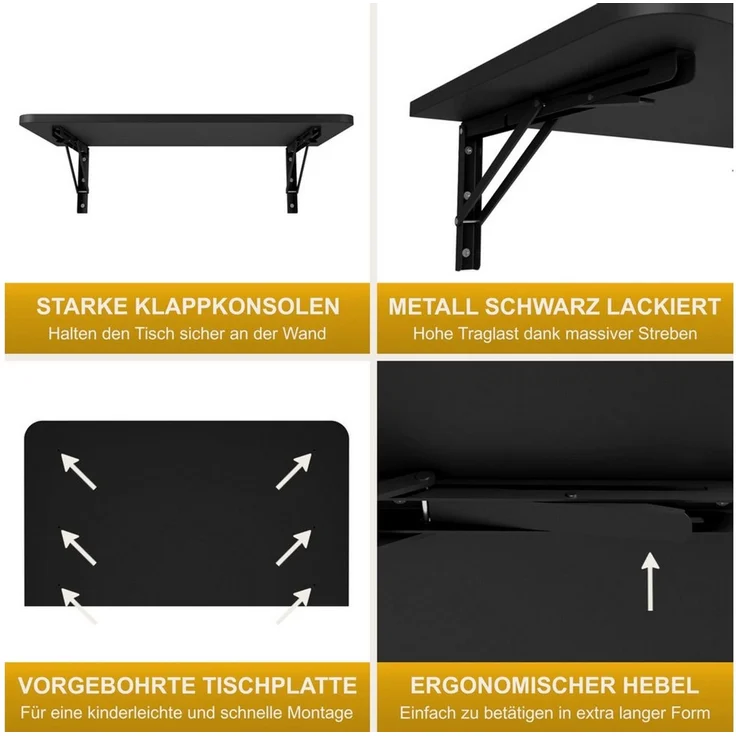 KDR Produktgestaltung Klapptisch 70x40 Wandklapptisch Esstisch Küchentisch Schreibtisch Wand Tisch, Schwarz – Bild 4
