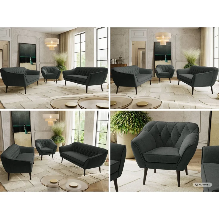 Wohnzimmerset, Möbelset PIRS 3-3-1, Armlehnen, Wellenfederung, schwarze Füße, Dreisitzer Sofas mit Sessel, Polstermöbel Set - Dunkelgrau Stukture – Bild 2