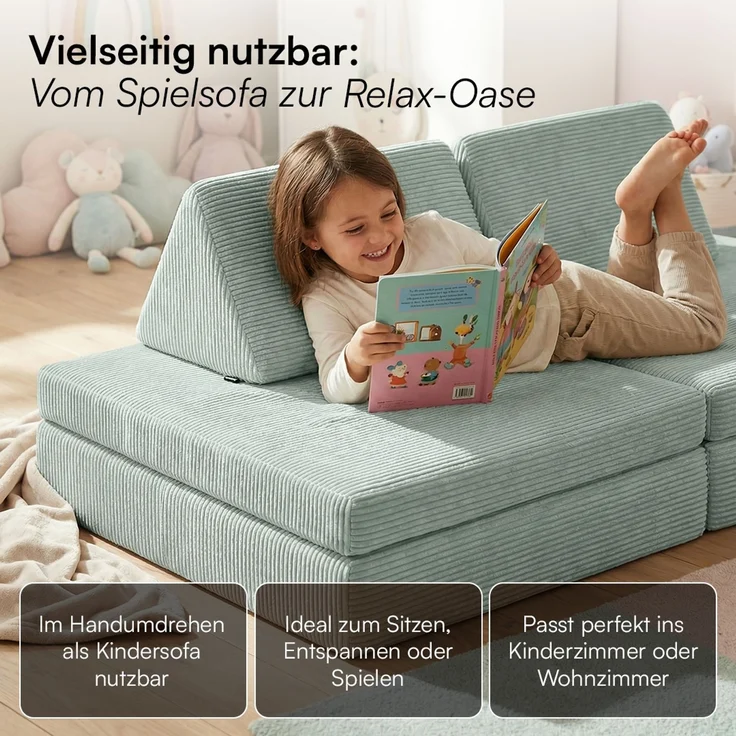 Bellabino 'Nile' Spielsofa mit Toren, 8-tlg, Cord, türkis, faltbare Kindercouch, abnehmbarer & waschbarer Bezug, Kindersofa aus Schaumstoff, Oeko-Tex zertifiziert – Bild 7