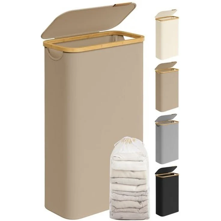 SONGMICS Wäschekorb mit Deckel und herausnehmbarem Wäschesack, zusammenklappbar, Bambus / Oxford-Gewebe kamelbraun, 65 l – Bild 2