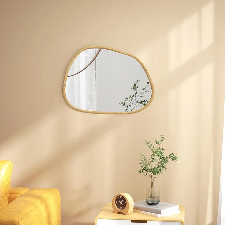 HOMCOM Wandspiegel Asymmetrisch, 70 x 50 cm Badezimmerspiegel mit Holzrahmen (Badezimmerspiegel, 1-St, Dekospiegel), für Bad, Wohnzimmer, Flur, Schlafzimmer, Natur – Bild 2