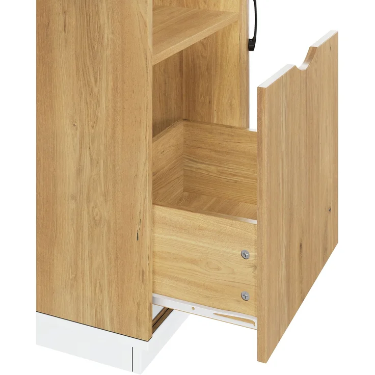 ZUBALIYA Höhenverstellbarer Schreibtisch, 140 × 50 cm, mit großzügigem Stauraum, ausgestattet mit 2 Schubladen und 2 offenen Fächern, Computertisch, Schminktisch, weiß/Eichenoptik, mit Streifenmuster – Bild 12