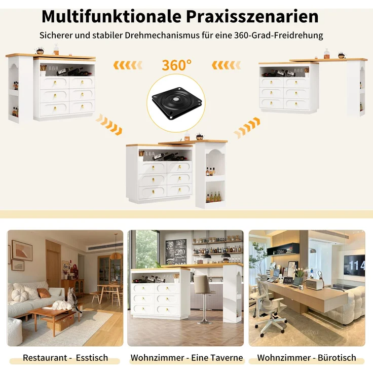 Bartisch ausziehbar mit 360° Drehfunktion, MDF Tischplatte, 6 Schubladen, Stauraumregal,Weiß – Bild 5
