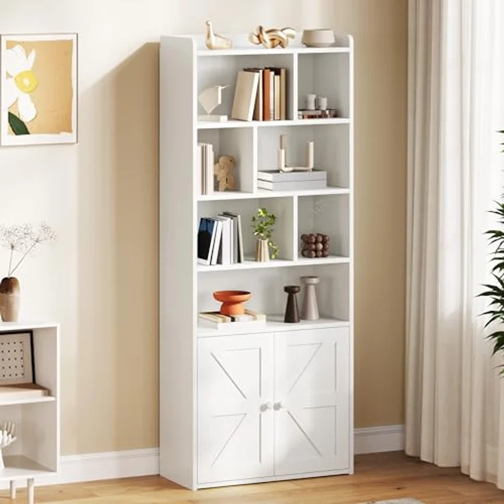 YITAHOME 4-stöckiges Bücherregal mit Türen und Schrank, freistehendes Bücherregal mit offenen Fächern für Zuhause, Büro, Wohnzimmer und Schlafzimmer, Weiß, 60 x 30 x 159 cm – Bild 2