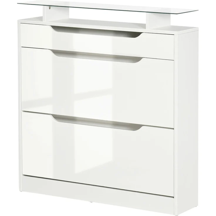 Schuhschrank mit 2 Klappschubladen + 1 Auszugsschublade + 1 Ablagefläche und 1 weißer Glasplatte – Bild 2