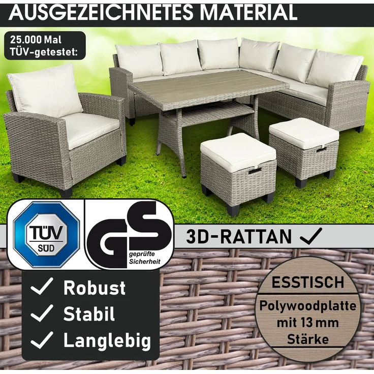 BRAST 'Hacienda' Gartenmöbel Set mit Kissen & Abdeckung, 10 Personen, Braun / Beige – Bild 2