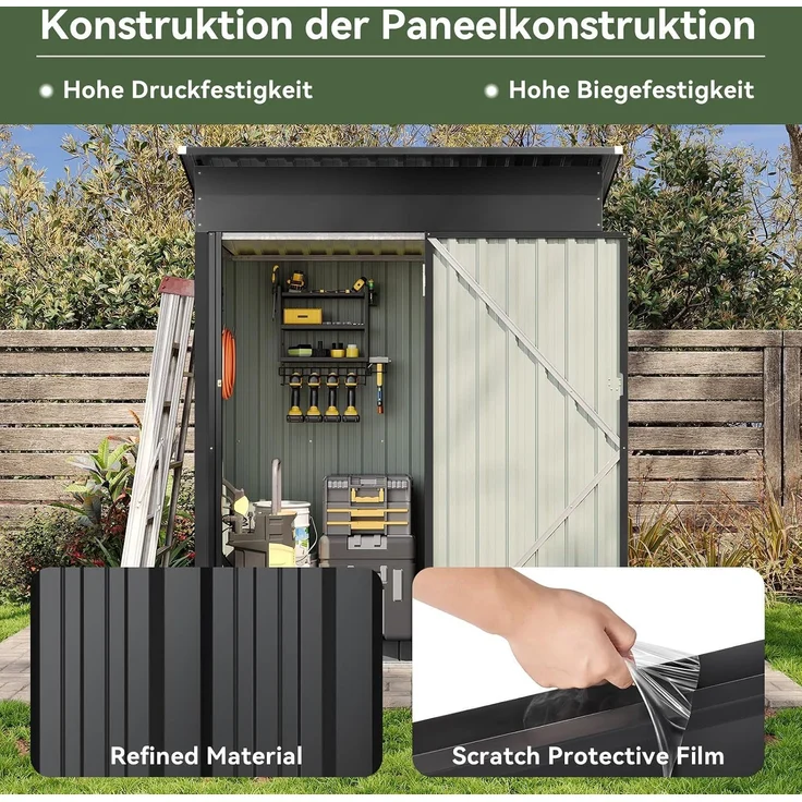 Aoxun Metall Gerätehaus mit Boden & 2 verstellbaren Einlegeböden, 150x91 x 185 cm, Outdoor-Schuppen, mit Lüftungsschlitz und Schiebetür, Werkzeugaufbewahrung, Fahrradschuppen, für Terrasse, Rasen, Schwarz – Bild 6