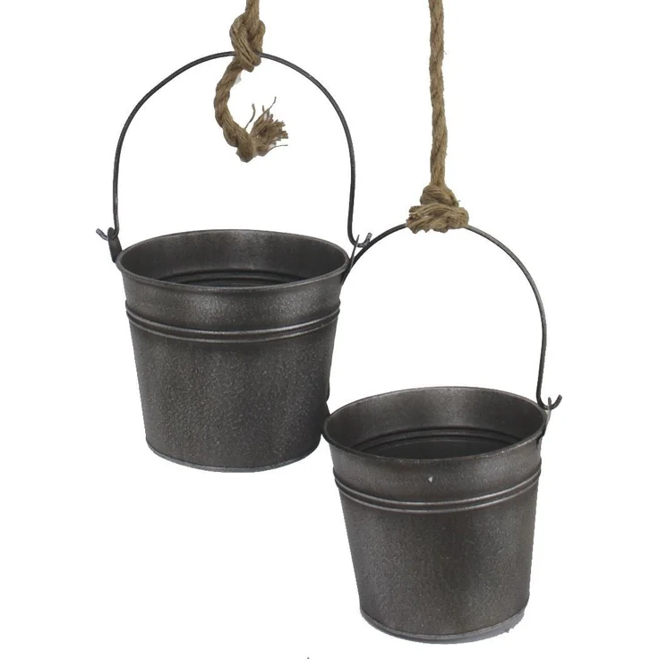 Metalleimer mit Umlenkrolle Deko Set Silber Grau MB27 Seil Dekoration Pflanztopf Pflanzen Blumentopf Kübel Seilwinde Wassereimer – Bild 3