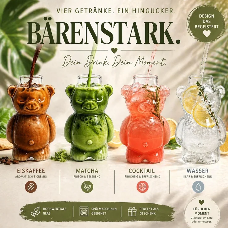 Bärenglas mit Strohhalm 340ml, Süßer Glas Becher in Bärenform, Eiskaffee Becher, Matcha Glas, Cocktailglas - Trinkglas Kawaii Design Geschenkidee – Bild 5