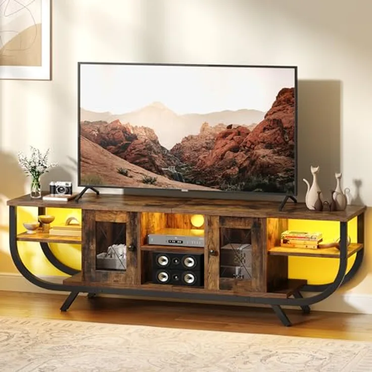 YITAHOME Industrielles TV-Schrank,140cm TV Lowboard für Fernseher bis zu 55 Zoll mit LED-Beleuchtung,Wohnzimmer Fernsehschrank TV Board mit Offenen Stauraum,Vintagebraun