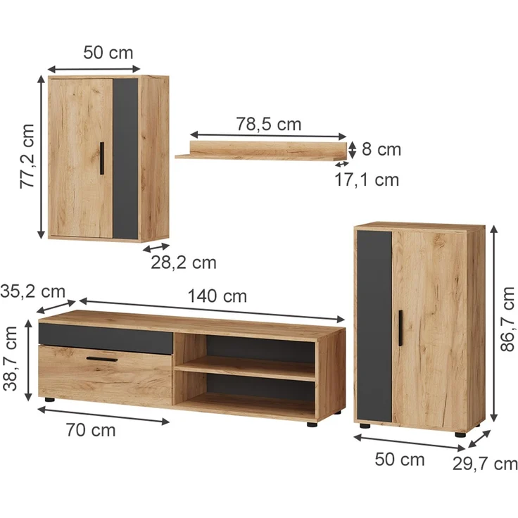 Wohnwand Berno Goldkraft Eiche/Anthrazit 4er Set Vicco – Bild 3