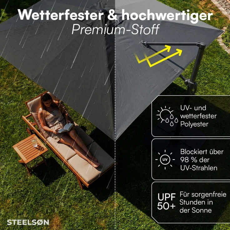 STEELSØN 'Lyrion' Sonnenschirm 300x300 cm quadratisch, neigbar und 360-Grad drehbar, anthrazit, Ampelschirm inkl. Abdeckung, UV50+ – Bild 5