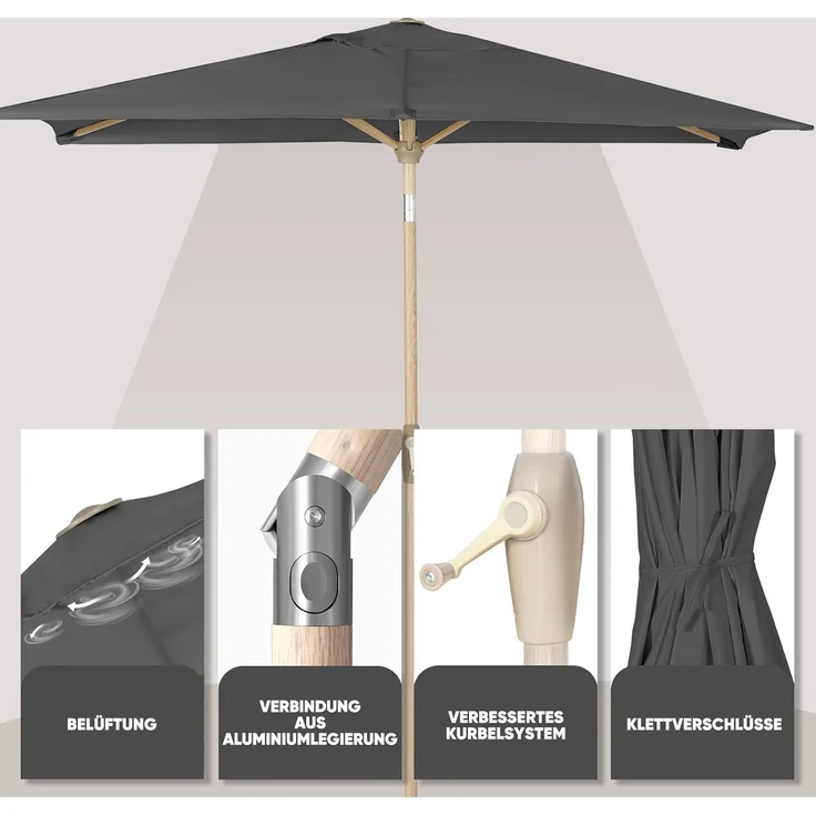 Sekey Sonnenschirm mit Kurbel und UV50+, knickbar, Aluminium hellgrau / natur, 210 × 140 cm – Bild 6