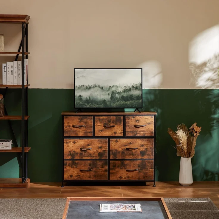 DUMOS Kommode für Schlafzimmer mit 7 Stoffschubladen, hohe Kommode Organizer für Kleidung, Schrank Kinderzimmer, Aufbewahrungsturm mit Schrank, Metallrahmen, Holzplatte, leichte Kinderzimmermöbel – Bild 7