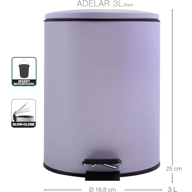 Spirella Adelar Treteimer – Mattstahl – Geräuschloser Schließmechanismus – Anti-Fingerabdruck-Beschichtung – Modernes und elegantes Design – Mattlavendel – 3 l – Bild 4