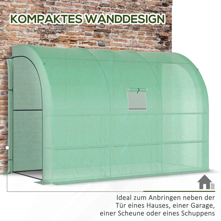 Wohnora-Gewächshaus mit Regale Fenster, winterfest Foliengewächshaus aus Stahl, wandmontiert Treibhaus für Balkon, Garten, Tomatenhaus 300x150x213cm Tomatengewächshaus für Gemüse Blumen Pflanzen Grün,H 213cm x T 300cm x B 150cm – Bild 4
