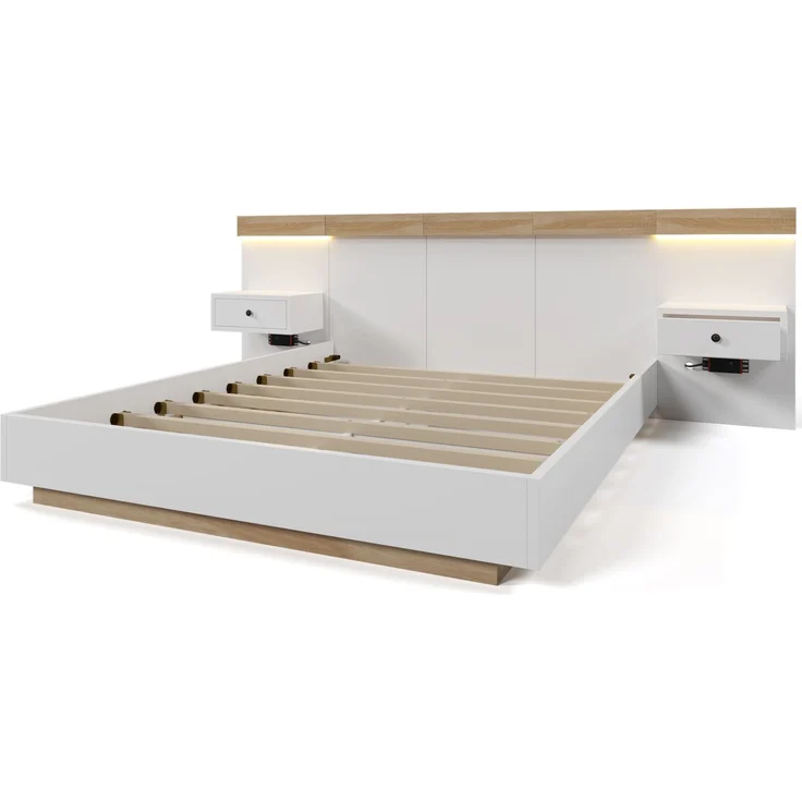 Doppelbett aus Holzwerkstoff mit LED-Nachttischen & USB-Anschluss, 180x200 cm, Eiche/Weiß, ohne Matratze – Bild 5