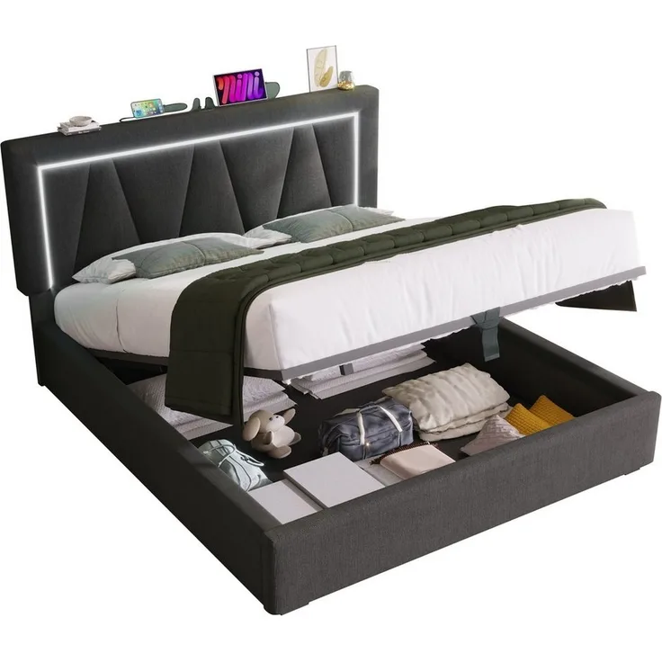 BlingBin Boxspringbett Stauraumbett Polsterbett (1-St, Funktionsbett mit Bettkasten und Lattenrost 140x200cm), Doppelbett inkl. Farbwechselnde LED-Beleuchtungsleiste