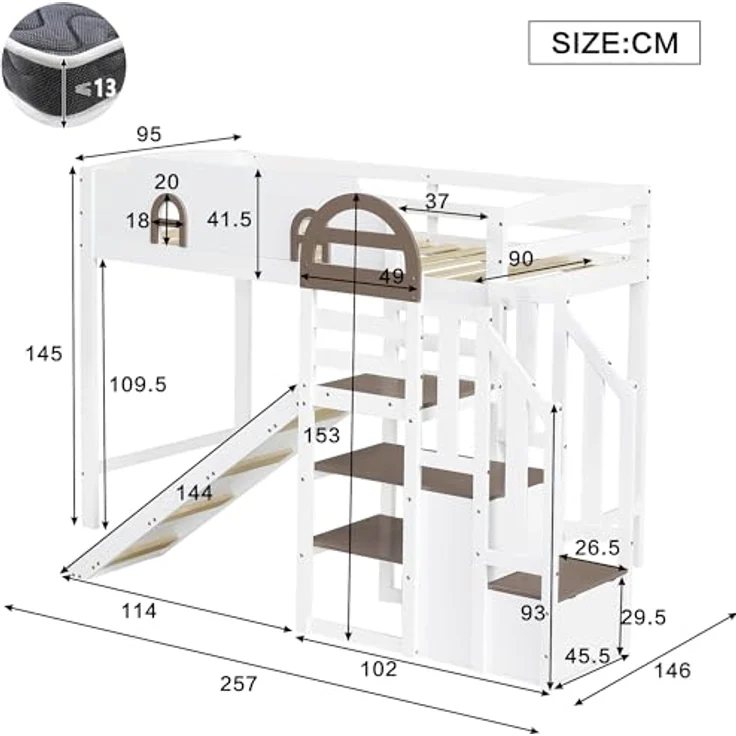 Odikalo Hochbett 90x200 Kinderbett mit Rutsche und Stauraum (Etagenbett, Kinderbett Mit Fenster, Mit Kinderrutsche, Treppen mit Handlauf, Mit 2 Schließfächer in der Treppe, Vielseitiges Design, Reichlich Stauraum, Kiefer+MDF, Weiß+Braun, 90x200cm) – Bild 3