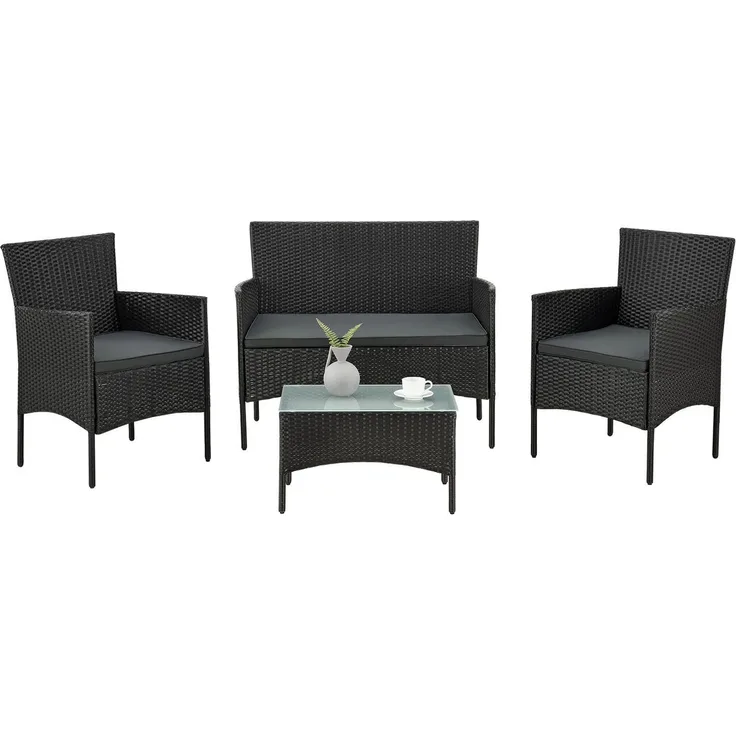 Juskys 'Fort Myers' Gartenmöbel Set mit Tisch, Sofa & 2 Stühlen, Polyrattan, 60x35 cm, Schwarz / Grau