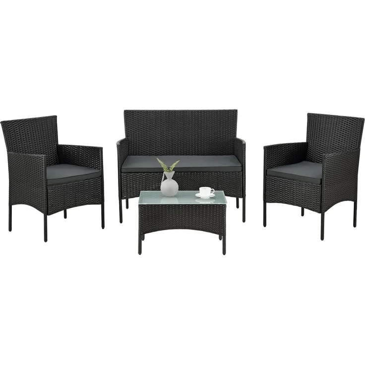 Juskys 'Fort Myers' Gartenmöbel Set mit Tisch, Sofa & 2 Stühlen, Polyrattan, 60x35 cm, Schwarz / Grau – Bild 1