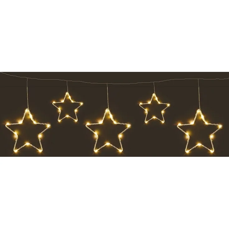 Spetebo LED-Lichtervorhang LED Lichtervorhang mit 5 Metall Sternen warm weiß, 5-flammig, 120 cm Länge - Weihnachten Fenster Beleuchtung mit Timer Batterie