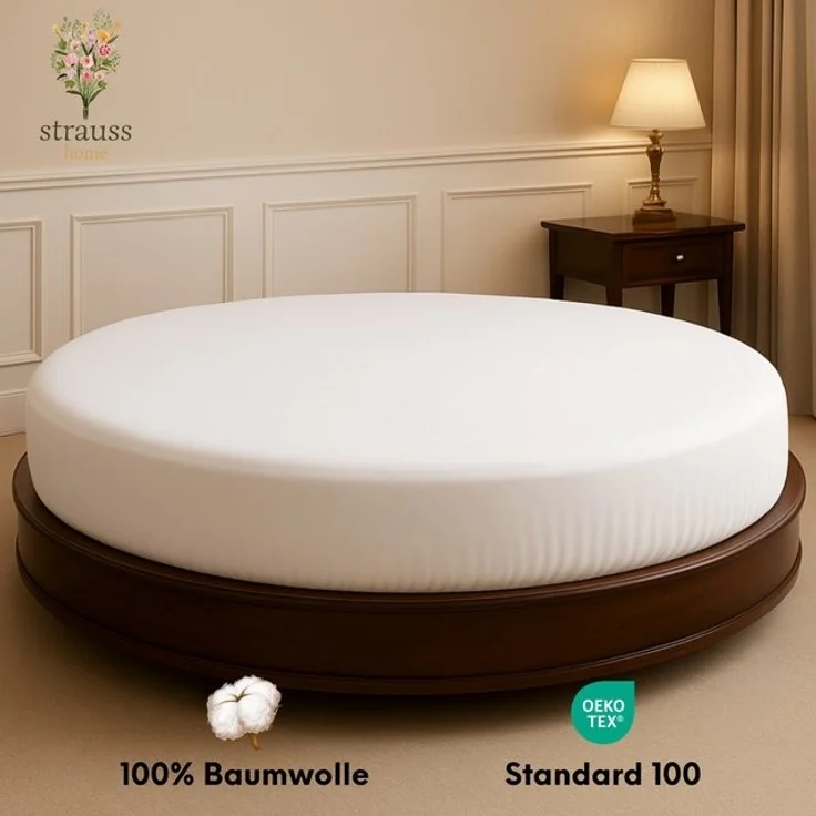 Strauss Home Spannbettlaken Premium RUND 220x220 bis 25cm 100% Baumwolle 150GSM Jersey, Gummizug: Rundumgummizug, 150GSM – Bild 4