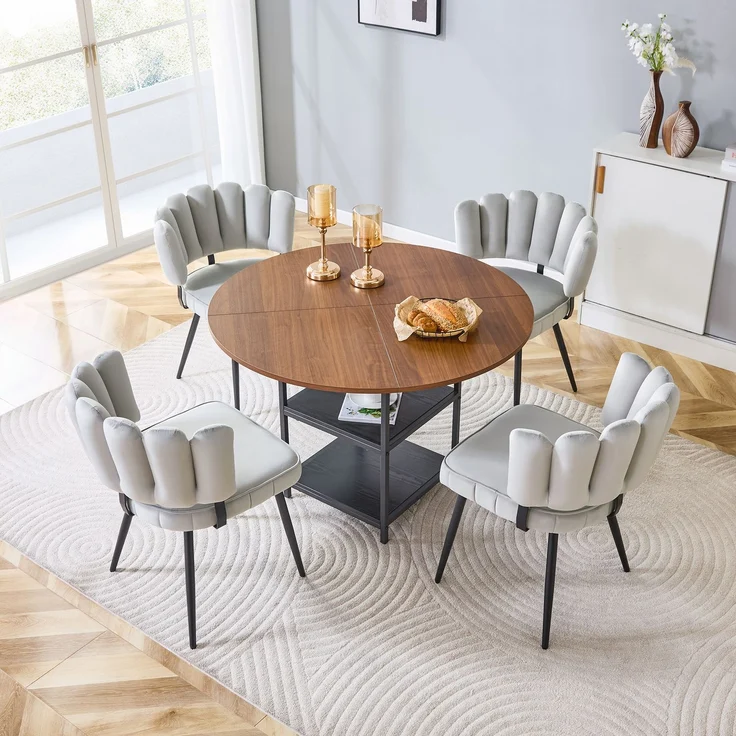 Esstischgruppe H 75 x T 107 x B 107 cm mit 4 Stoffstühlen, Nussbaum-Optik, Metallgestell und Stauraum-Ablagen – Bild 1