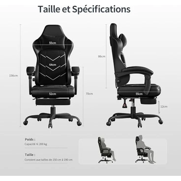 JUMMICO Ergonomischer Bürostuhl mit Dynamischer Lordosenstütze & Fußraster, Gaming Stuhl für Langzeitkomfort, Atmungsaktiver Schreibtischstuhl Stoff für Homeoffice, Schwarz – Bild 3